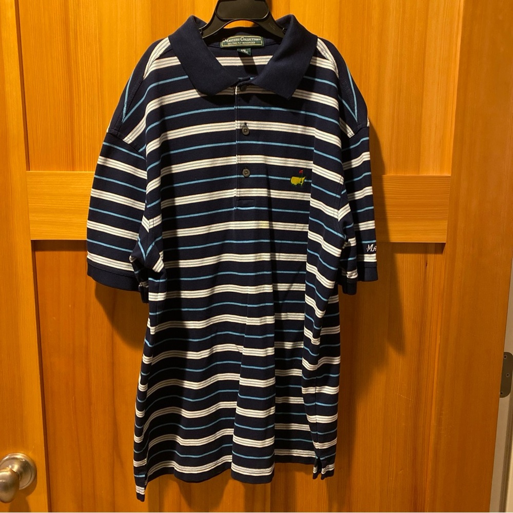 Masters Navy and White Striped Polo with official Masters Plastic Bag